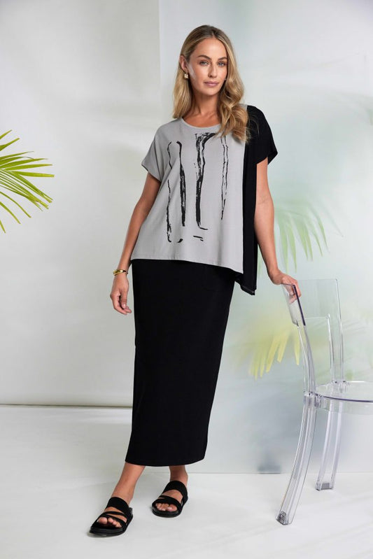 Naya Placement Print Top With Angle Hem Taupe