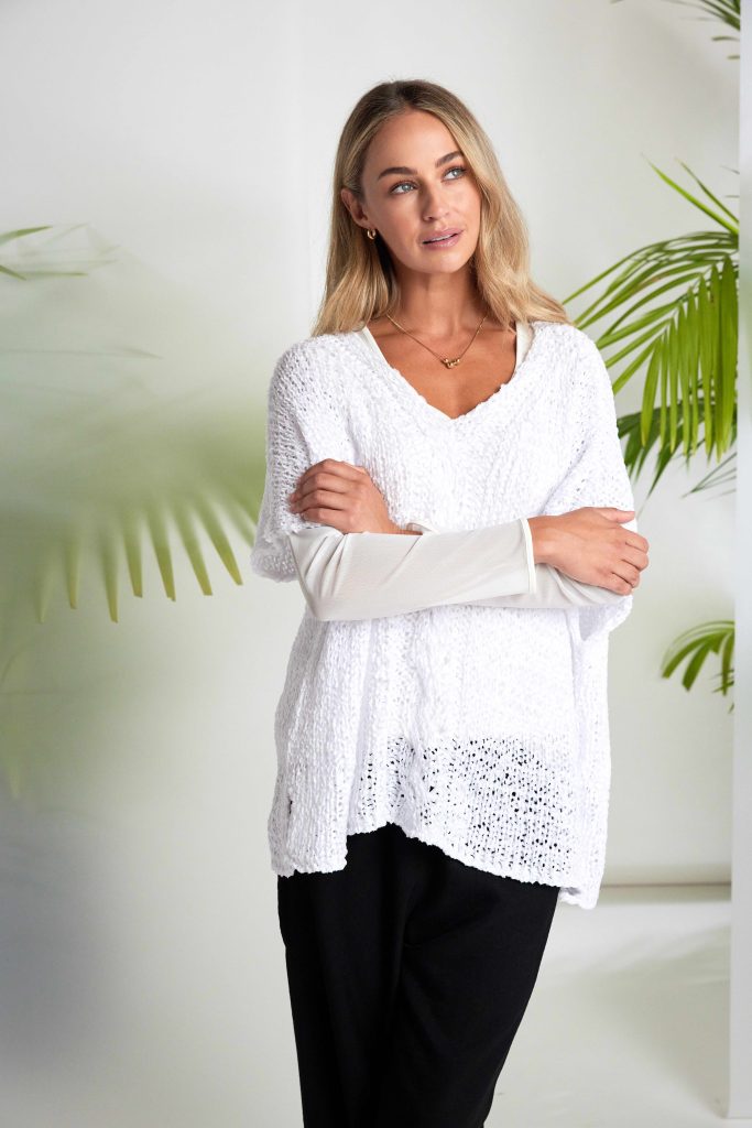 Naya Jersey Round Neck Top With Mesh Sleeve Off White