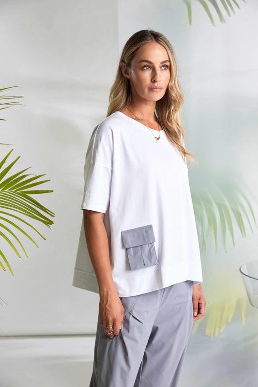Naya Round Neck Top With Contrast Pocket Dove