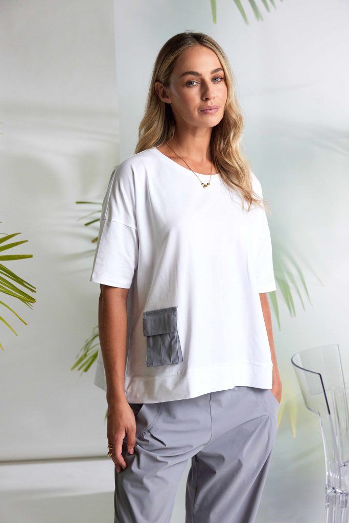 Naya Round Neck Top With Contrast Pocket Dove