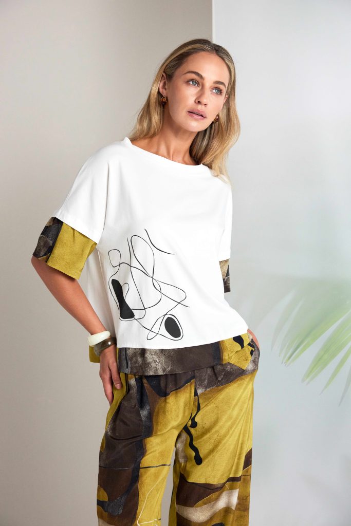 Naya Placement Print Top With Contrast Print Cuff