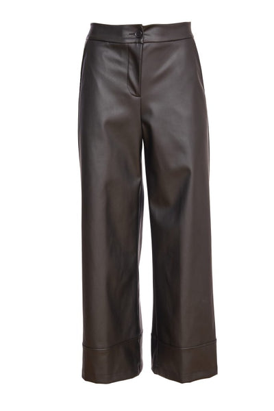 Naya Wide Leg Zip Waist Leatherette Trousers- Black