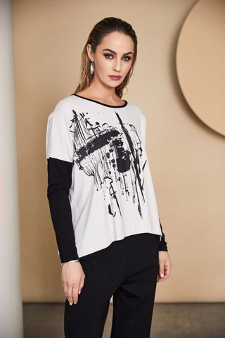 Naya Placement Print Top/ Contrast Sleeve