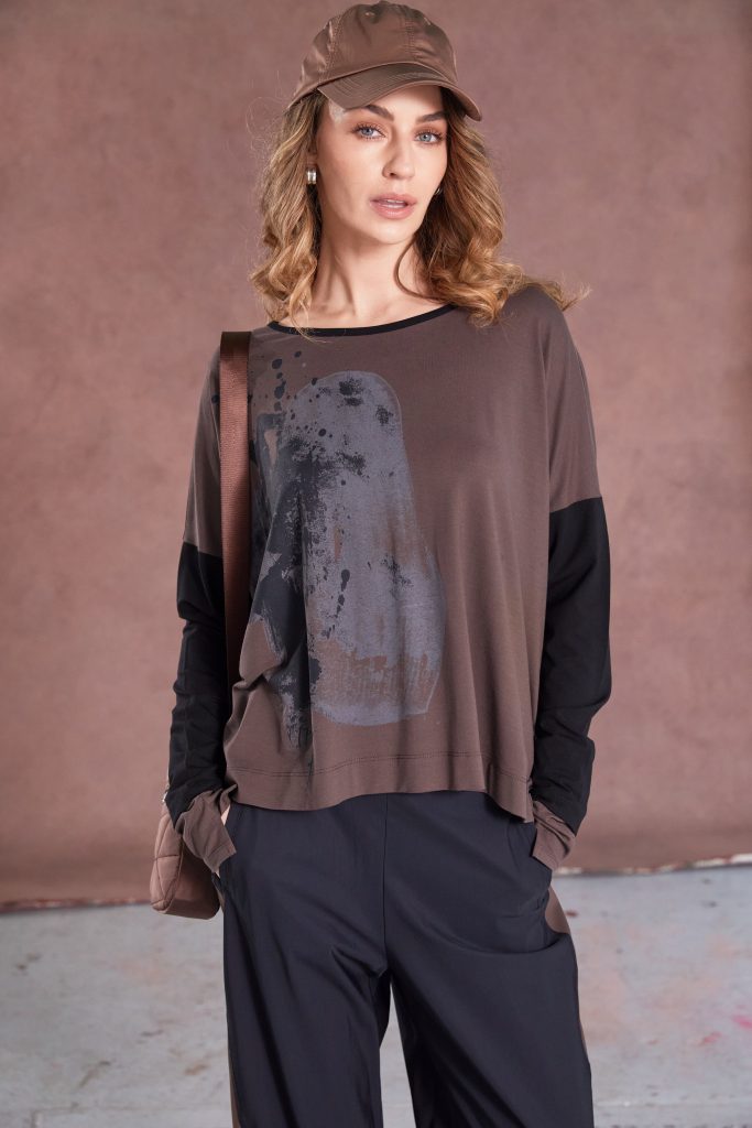 Naya Placement Print Top Taupe Cocoa