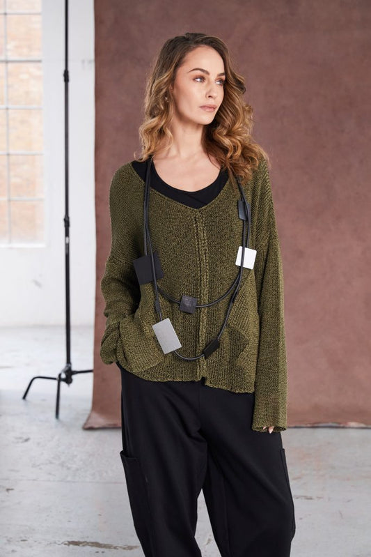 Naya Loose Weave V-Neck Knit Moss