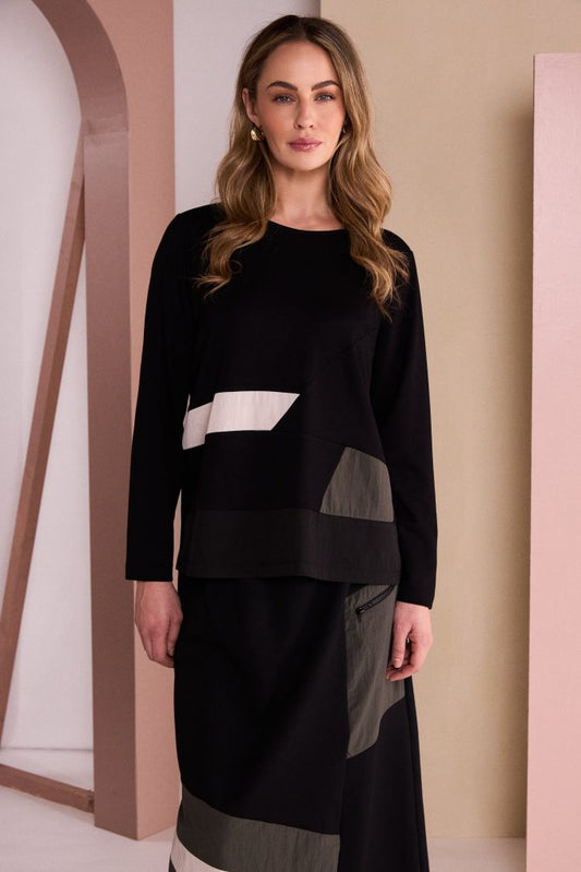 Naya Round Neck Top With Colour Inset Bands