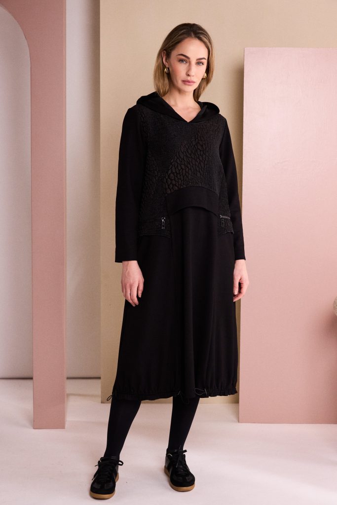 Naya Dress With Hooded Embossed Top Panel