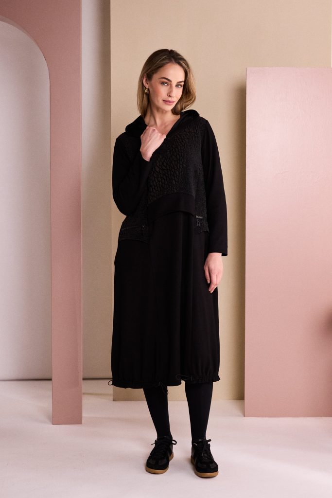 Naya Dress With Hooded Embossed Top Panel