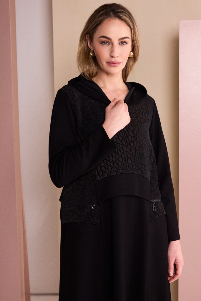 Naya Dress With Hooded Embossed Top Panel