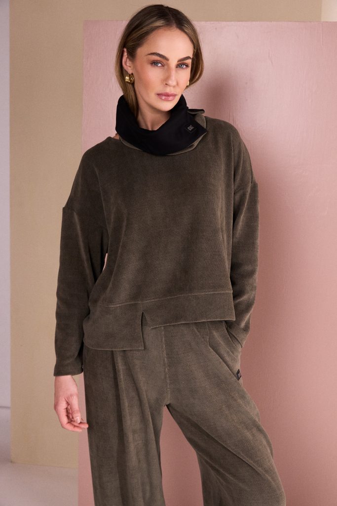 Naya Soft Cord Trouser With Binding Hemline Army