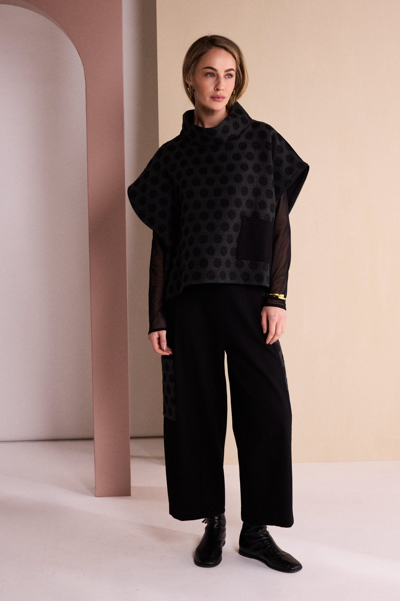 Spot Jacquard Top With Pocket and Side Zip