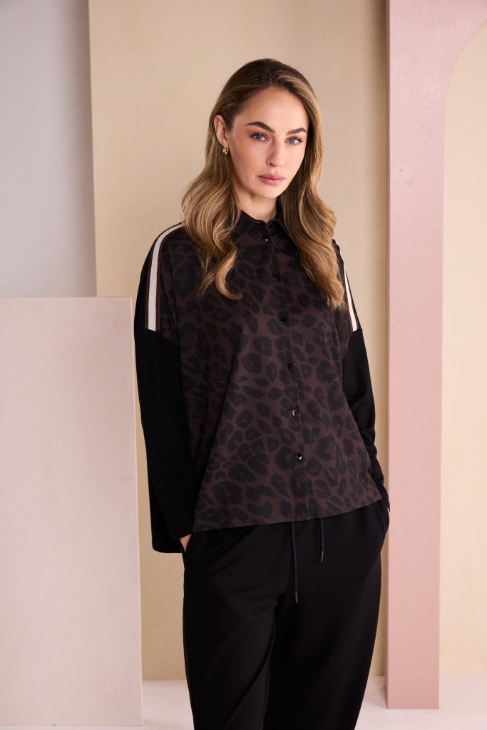 Naya Animal Print Top With Collar And Contrast Sleeve