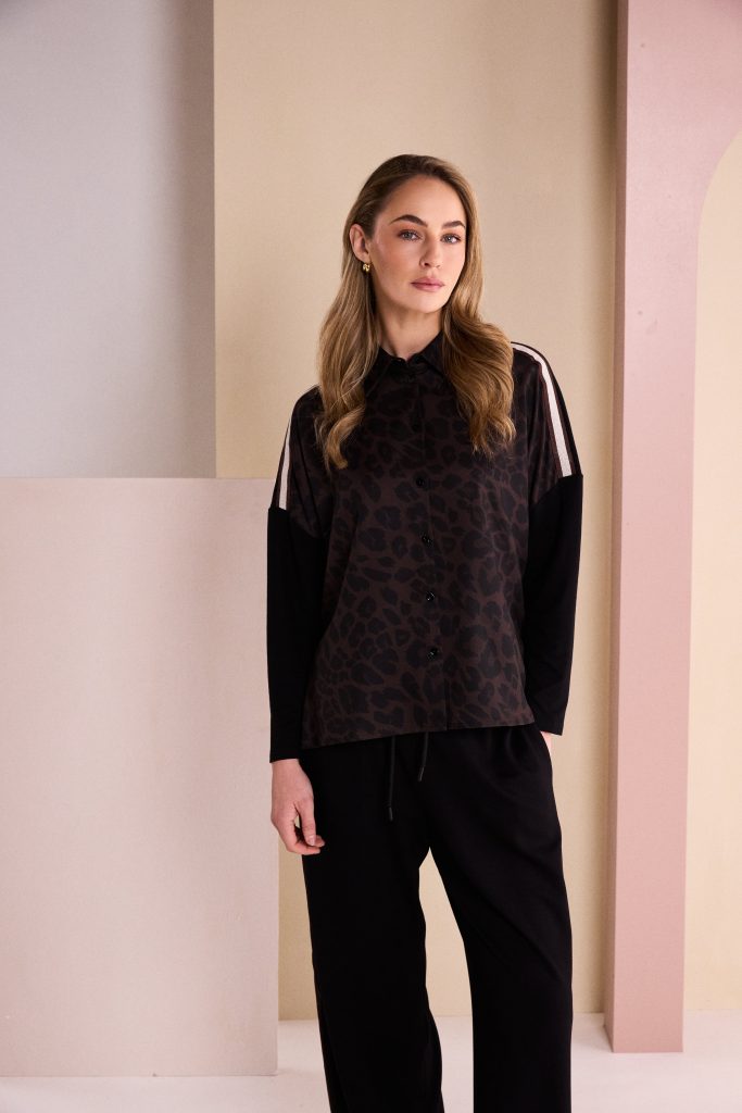 Naya Animal Print Top With Collar And Contrast Sleeve