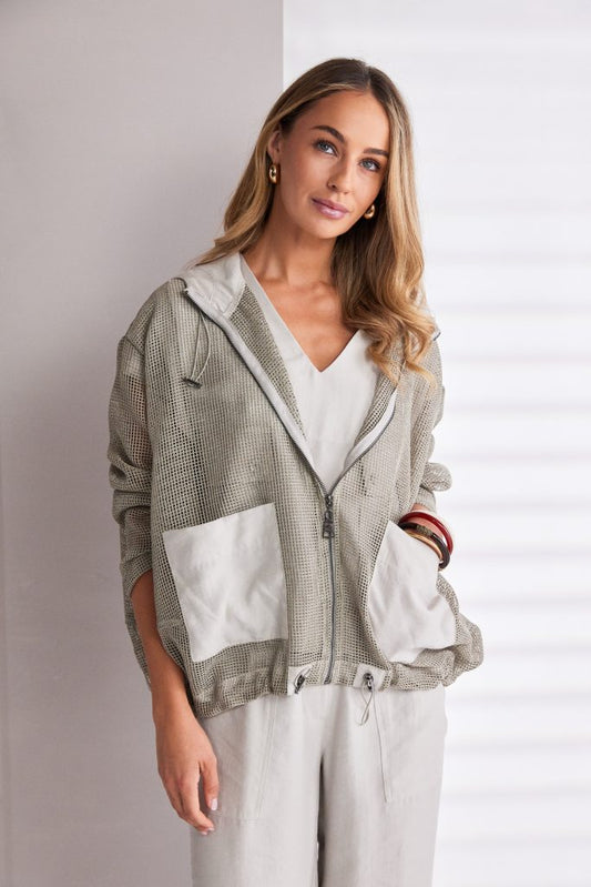 Naya Mesh Hooded Top with Drawstring Hem and Contrast Pockets