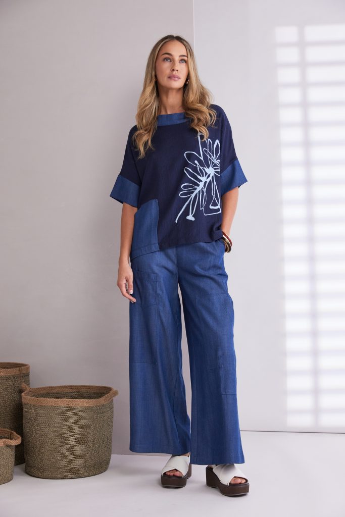 Naya Denim Look Placement Print Top with Contrast Collar and Pocket