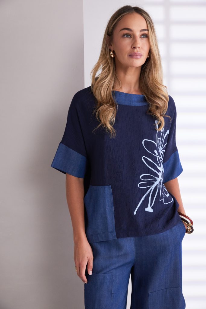 Naya Denim Look Placement Print Top with Contrast Collar and Pocket