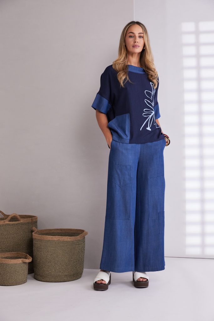Naya Denim Look Placement Print Top with Contrast Collar and Pocket