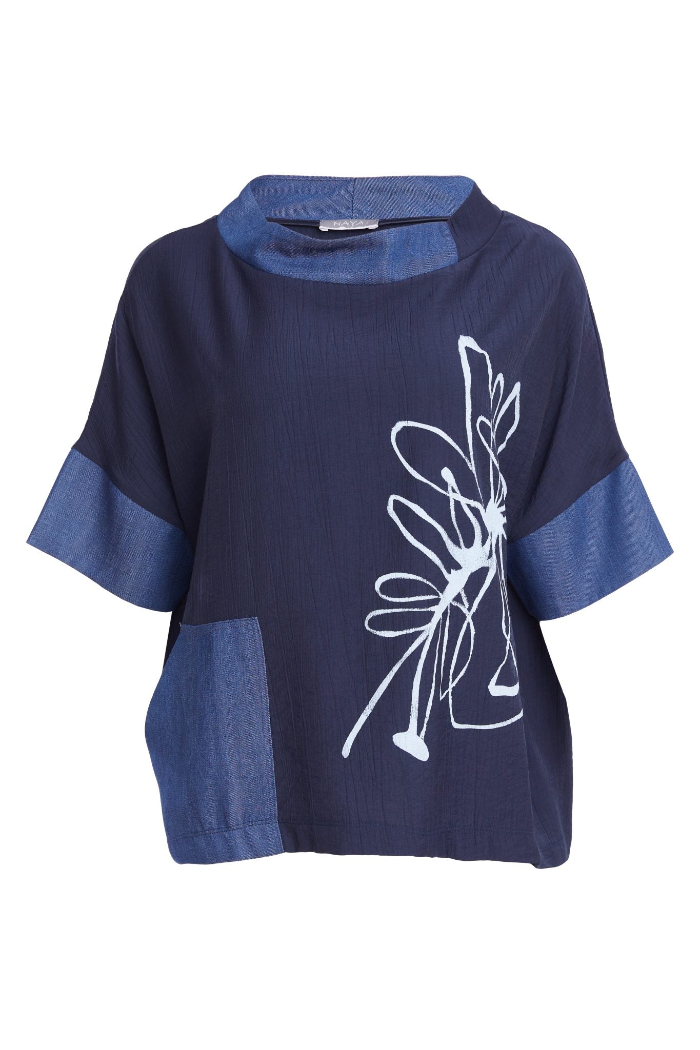 Naya Denim Look Placement Print Top with Contrast Collar and Pocket