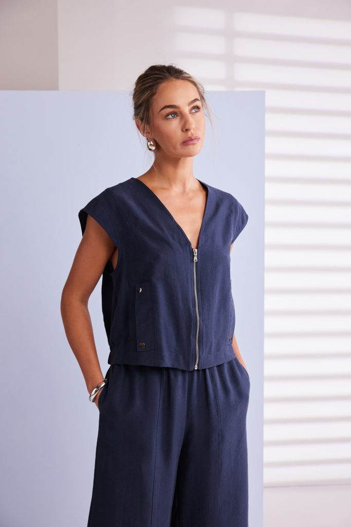 Naya Short Zip V- Neck Top with Pocket