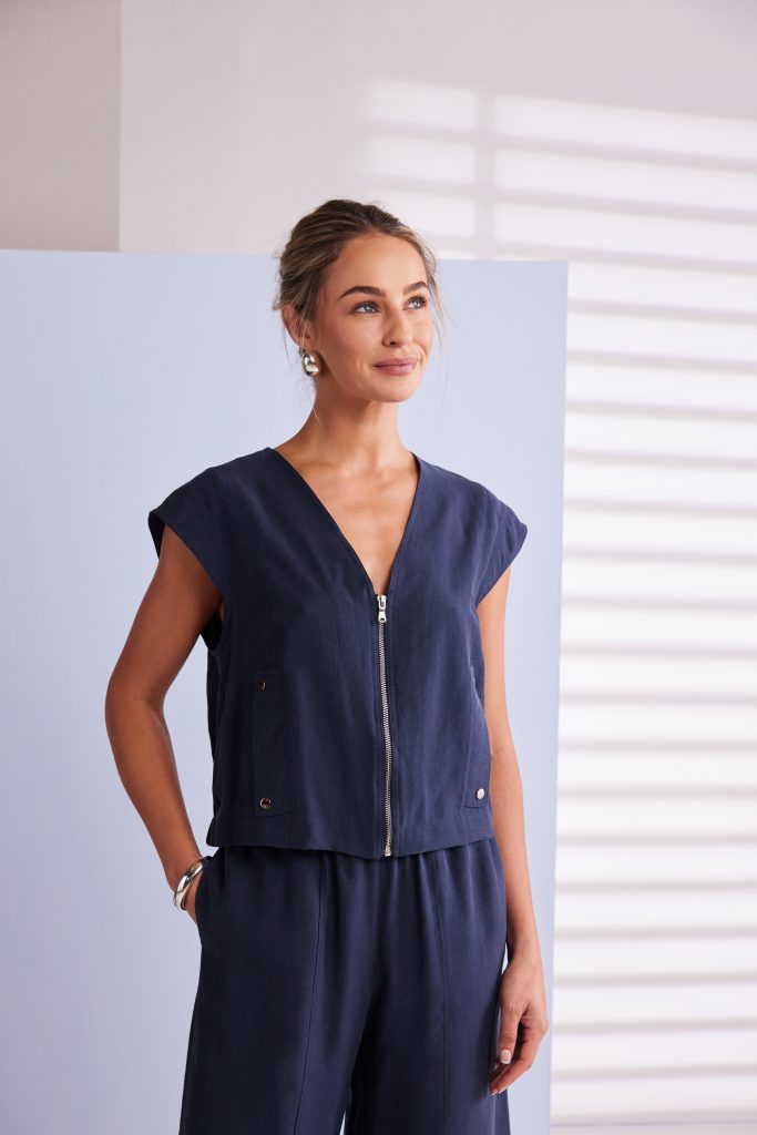Naya Short Zip V- Neck Top with Pocket