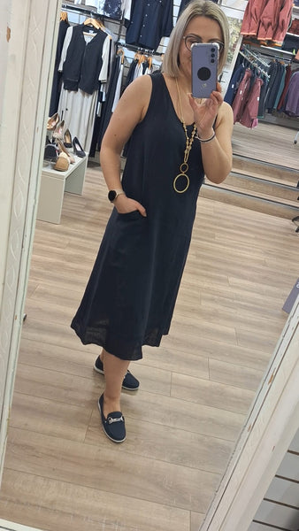 Peruzzi V-Neck Linen Dress- Navy