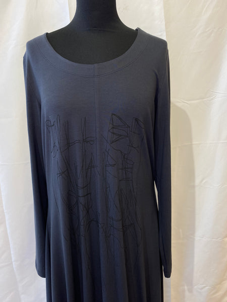 Naya Placement Print Dress /Ruched Hem Grey