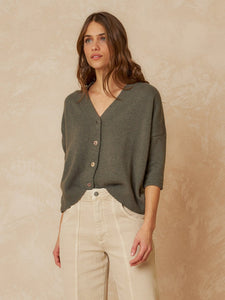 Indi & Cold Knitted Short Sleeve Cardigan Khaki